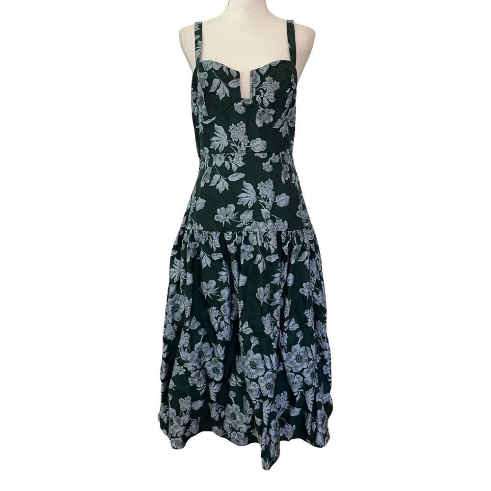 Lulus Major Flirtation Emerald Floral Jaquard Midi Dress‎ Size M Drop Waist